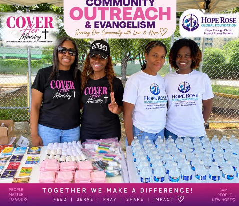 Cover Her Ministry and Hope Rose Global Foundation volunteers at a community outreach table with water and care supplies